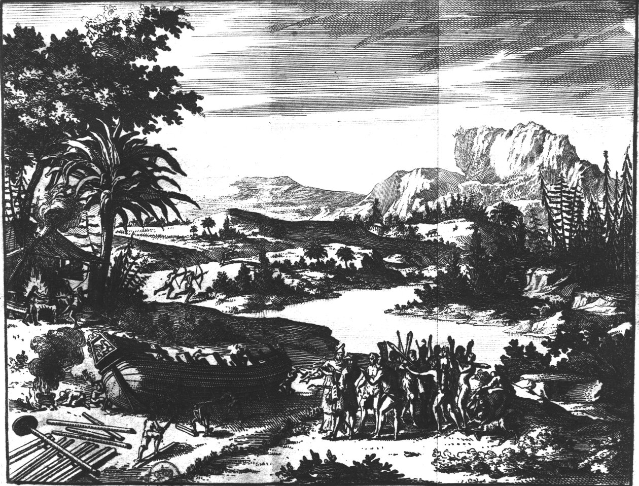 بناء "غريفون" لرينيه روبرت كافيه دي لا سال (1643-1687) على شاطئ بحيرة إيري ، من "فويجيس كوريو دي إم دي هينكين وآخرون دي لا بورد" ، 1711 بواسطة المدرسة الهولندية