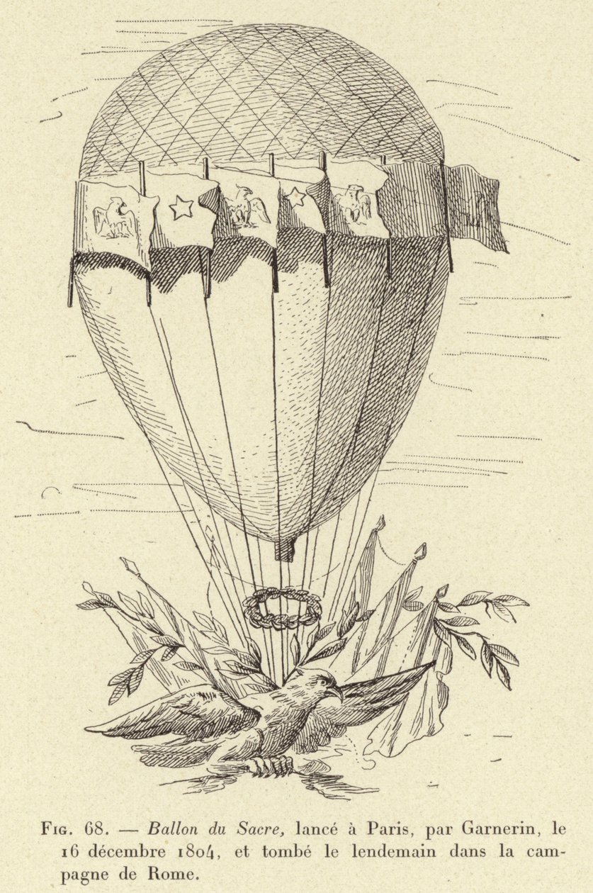 Ballon du Sacre ، تم إطلاقه في باريس ، من قبل Garnerin ، 16 ديسمبر 1804 ، وسقط في اليوم التالي في حملة روما بواسطة المدرسة الفرنسية