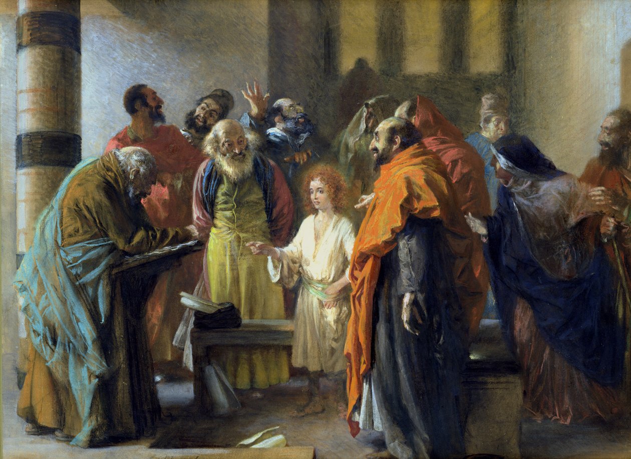 يسوع البالغ من العمر اثني عشر عامًا في الهيكل ، 1851 (الباستيل والغواش على الورق) بواسطة أدولف مينزل