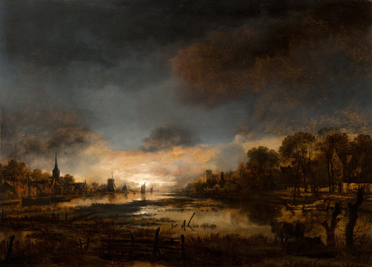 منظر النهر عند الغروب بواسطة Aert van der Neer