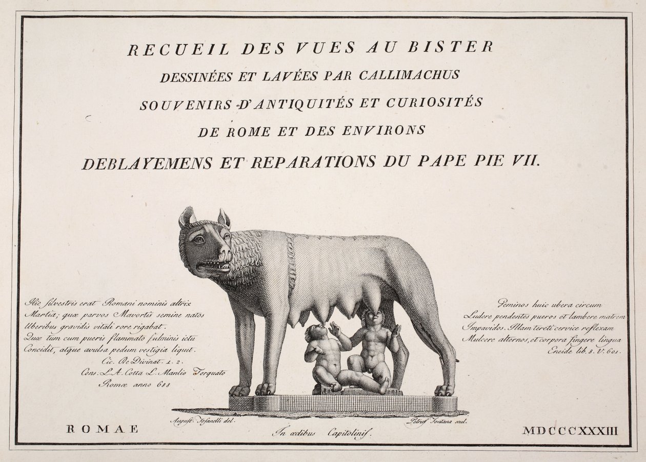 صفحة عنوان "مجموعة مناظر في غابة رسمها وغسلها كاليماخوس ، تذكارات من الآثار والفضول في روما والمناطق المحيطة بها ، حفريات وإصلاحات البابا بيوس السابع" ، 1833 (engravi بواسطة اجوستينو توفانيلي