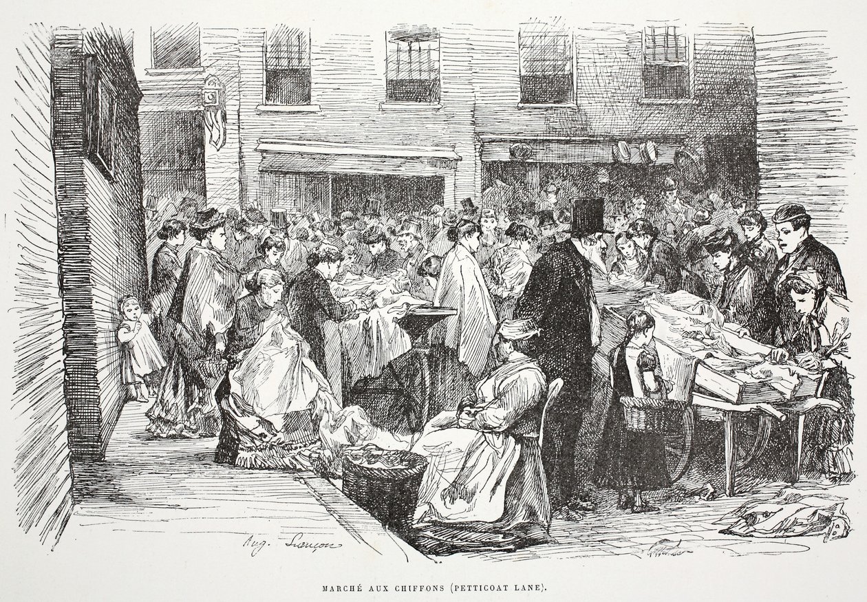 Rag Walk (Petticoat Lane) ، رسم توضيحي من "La Rue a Londres" ، الحانة. بقلم G. Charpentier et Cie ، 1884 بواسطة أوغست أندريه لانكون