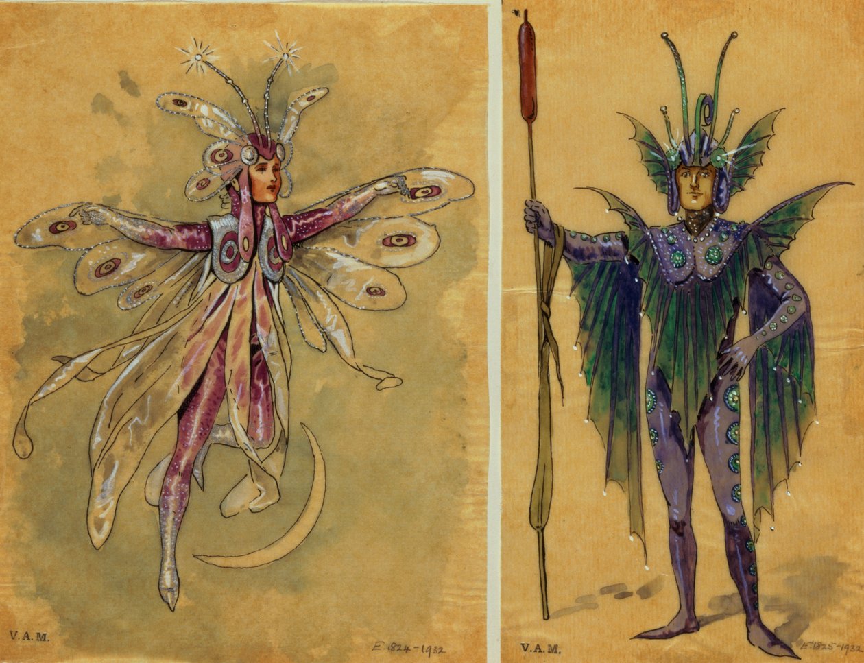 تصميمان لأزياء الجنيات من حلم A Midsummer Night&39;s Dream ، من إنتاج R. Courtneidge في مسرح الأمراء ، مانشستر (قلم وحبر ومرحاض على الورق) بواسطة سي وليام