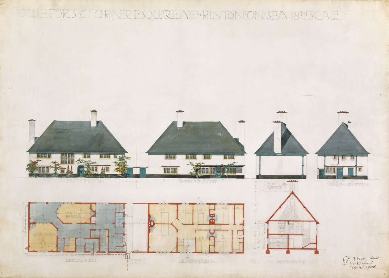 منزل مقترح لـ C. Turner Esq. في Frinton on Sea ، 1908 (مرحاض وقلم رصاص على ورق) بواسطة تشارلز فرانسيس أنيسلي فويسي