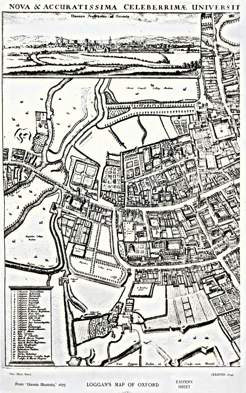 خريطة لوغان لأكسفورد ، الورقة الشرقية ، من "Oxonia Illustrated" ، تم نشرها عام 1675 بواسطة ديفيد لوجان