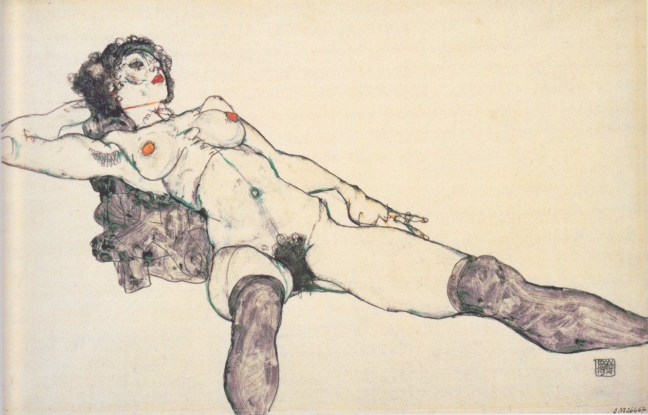 أنثى عارية مستلقية مع أرجل منتشرة ، 1914 بواسطة ايغون شييل