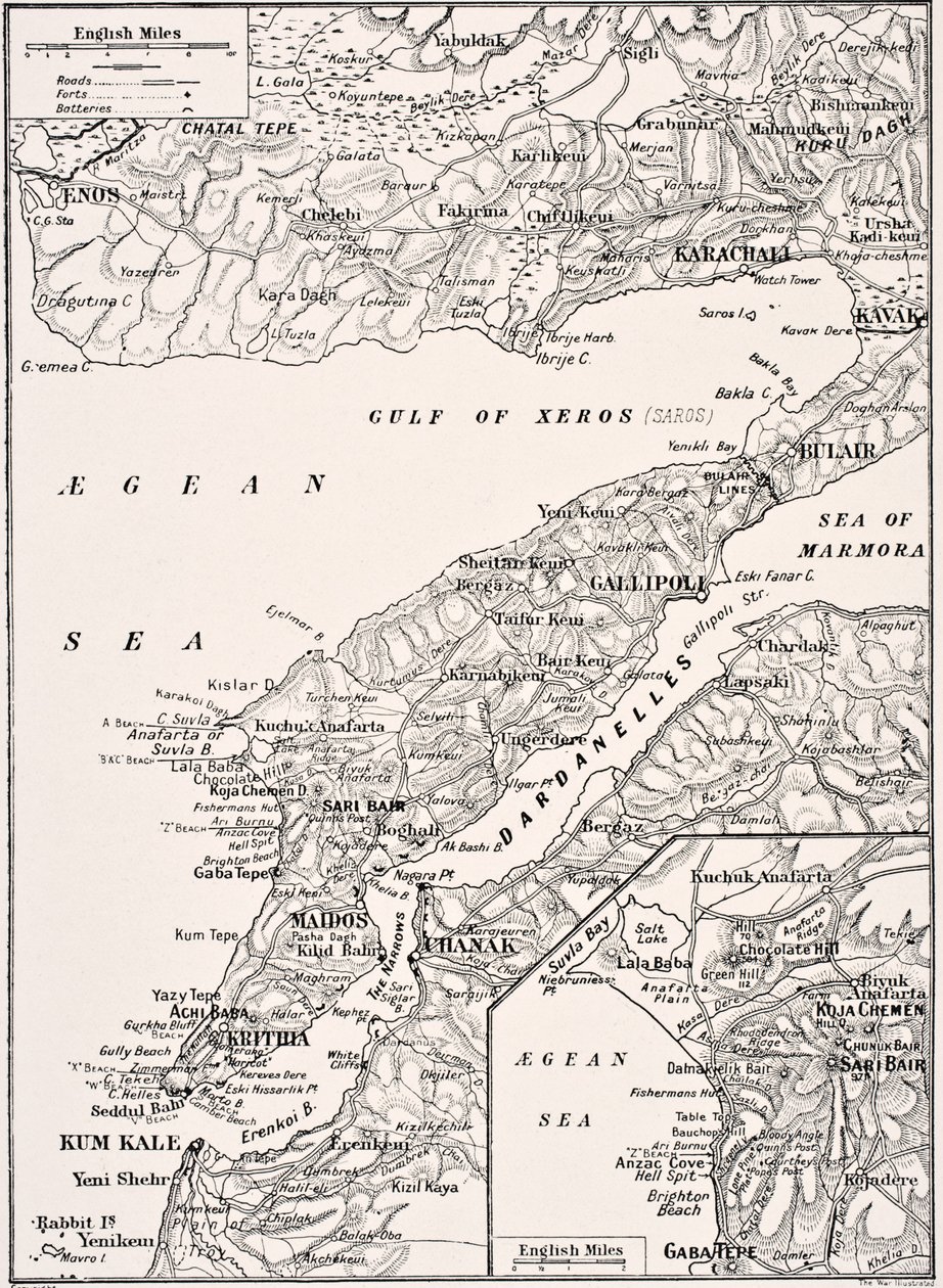 خريطة مفصلة لشبه جزيرة جاليبولي ودردنيل تركيا ، 1915 ، من "ألبوم الحرب المصور دي لوكس" ، نُشر في لندن ، 1916 بواسطة مدرسة اللغة الإنجليزية