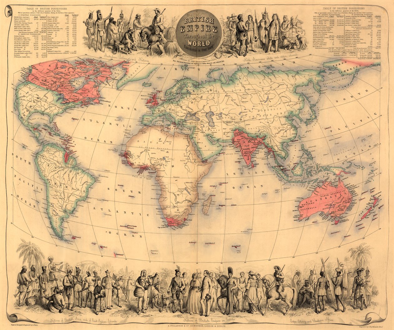 خريطة العالم مع ممتلكات الإمبراطورية البريطانية الملونة الحمراء ، 1870 (النقش اليدوي) بواسطة مدرسة اللغة الإنجليزية