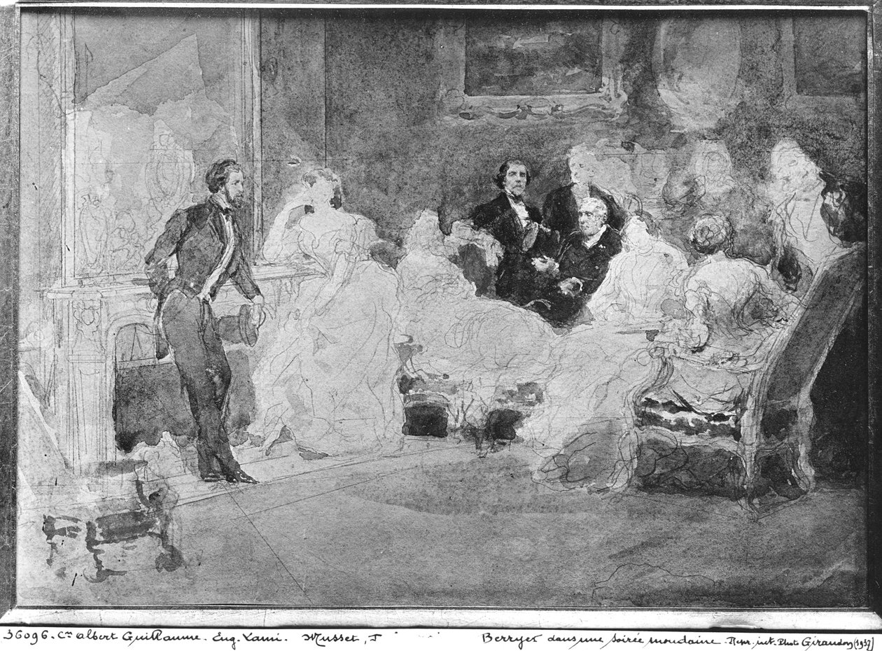 ألفريد دي موسيت (1810-57) يوجين ديلاكروا (1798-1863) وبيير أنطوان بيرييه (1790-1868) في أمسية المجتمع ، 1840 بواسطة يوجين لويس لامي