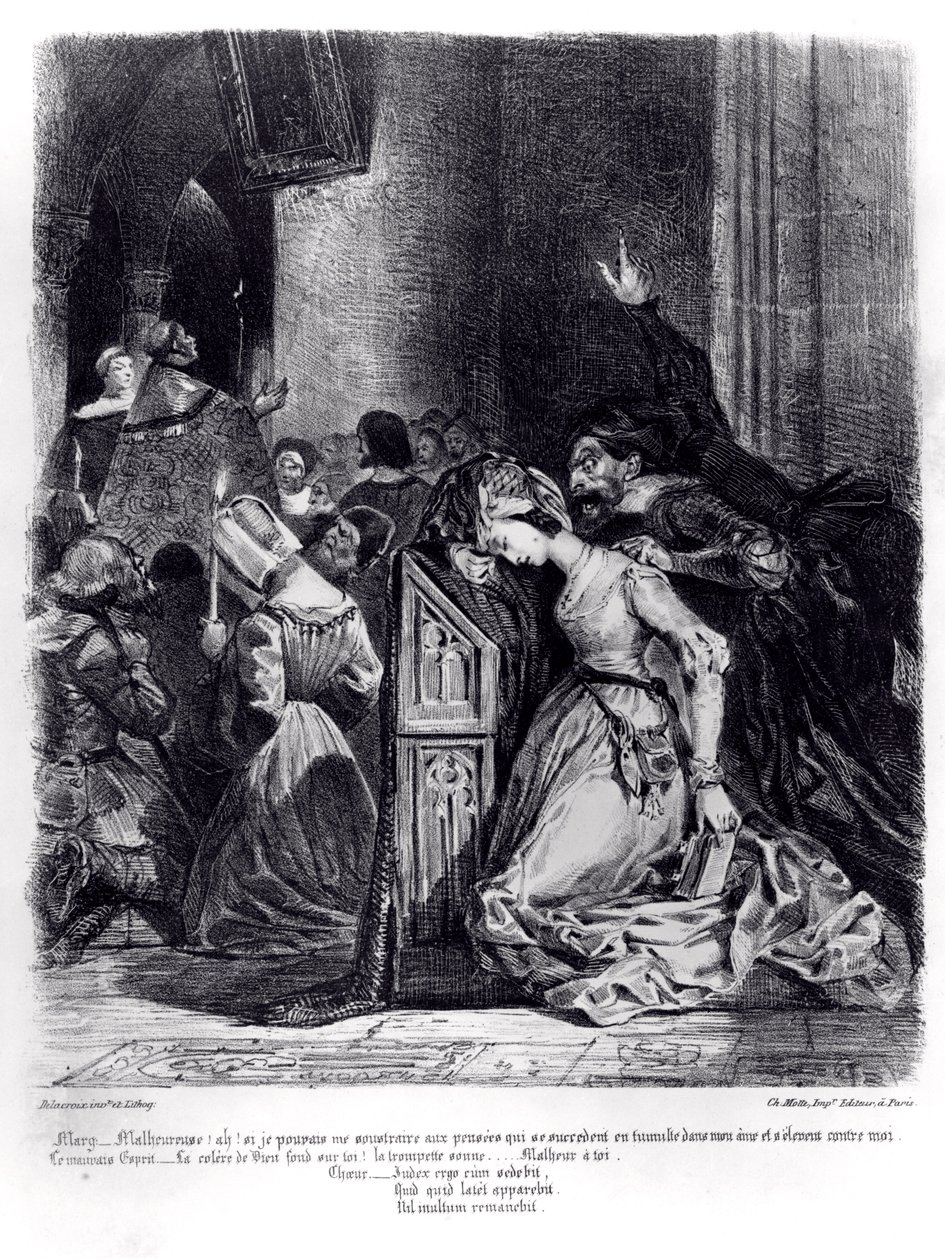 مارجريت في الكنيسة مع الأرواح الشريرة: رسم توضيحي من "Faust" بواسطة Goethe ، 1828 بواسطة فرديناند فيكتور يوجين ديلاكروا