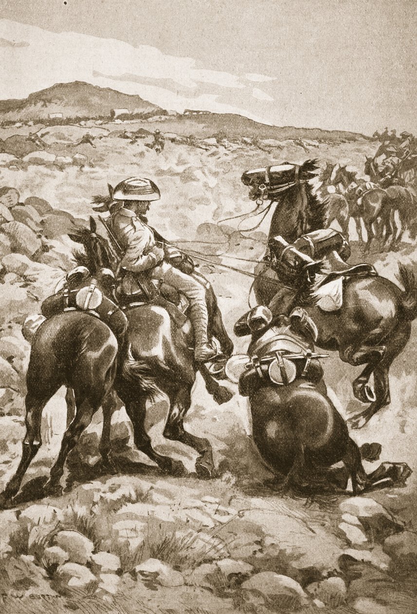 في أعقاب De Wet: Mounted Infantry يهاجم قطار عربة ، التوضيح من "معارك القرن التاسع عشر: المجلد. السابع ، حرب البوير 1900-1901 &39;بواسطة أرشيبالد فوربس ، GA Henty والفنون الرئيسية بواسطة فريدريك ويليام بورتون