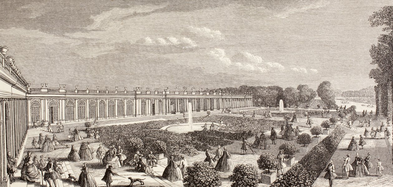 Le Grand Trianon ، فرساي ، في القرن الثامن عشر ، من "مؤسسات XVIII Siecle ، الأعراف والأزياء" ، تم نشره عام 1875 بواسطة المدرسة الفرنسية