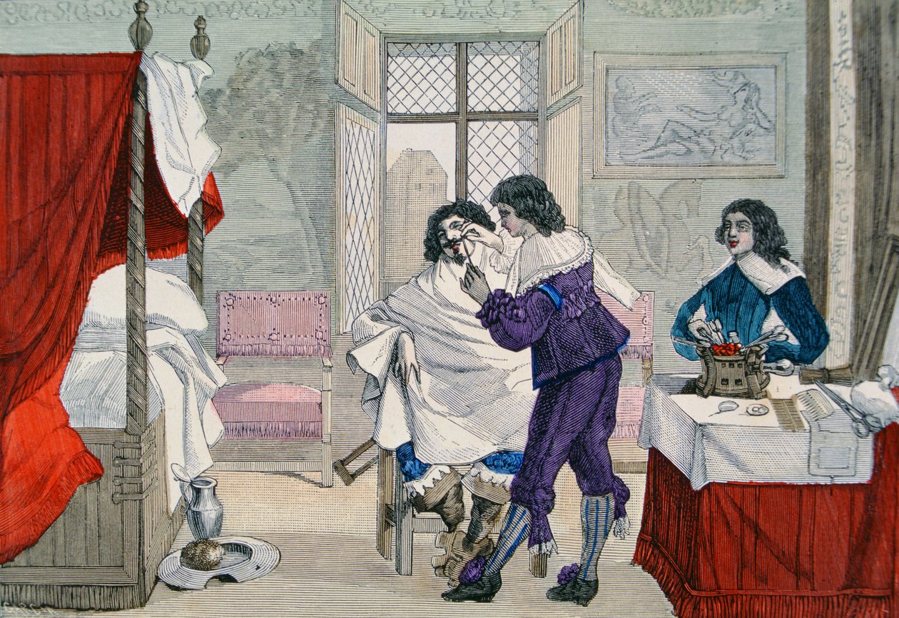 التصميم الداخلي لمتجر الحلاقة في وقت لويس الثالث عشر (1601-43) من "أزياء باريس دو ترافرز لي سيكلز". روي ، نشر 1887 (نقش الألوان) بواسطة جارسيا