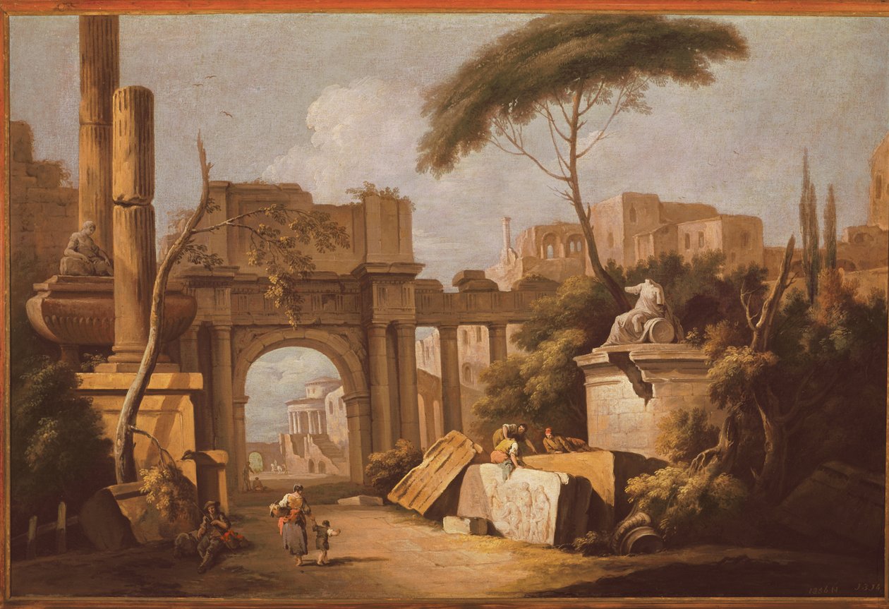 أطلال قديمة ذات قوس كبير وعمود ، c.1735-40 بواسطة جوزيبي زيس
