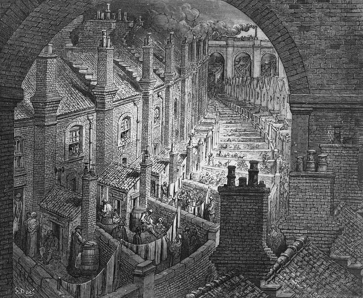 فوق لندن - بالسكك الحديدية ، من "لندن ، رحلة حج" ، كتبها ويليام بلانشارد جيرولد (1826-1894) ، نقشها ستيفان بانميكر (1847-1930) ، حانة. 1872 بواسطة غوستاف دور