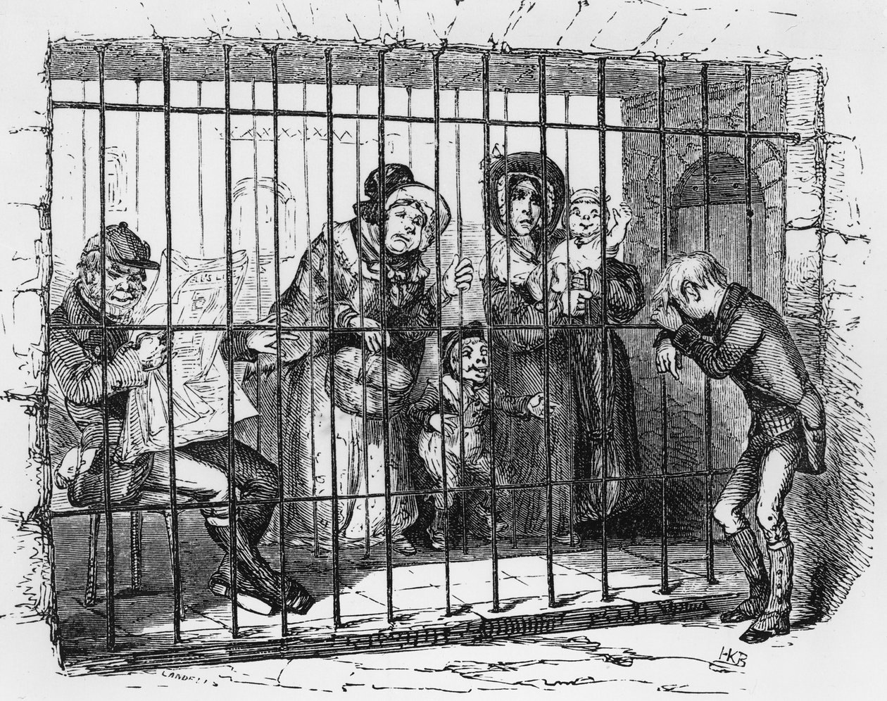 مجموعة في السجن ، توضيح من "متجر الفضول القديم" بقلم تشارلز ديكنز ، 1841 بواسطة هابلوت نايت براون