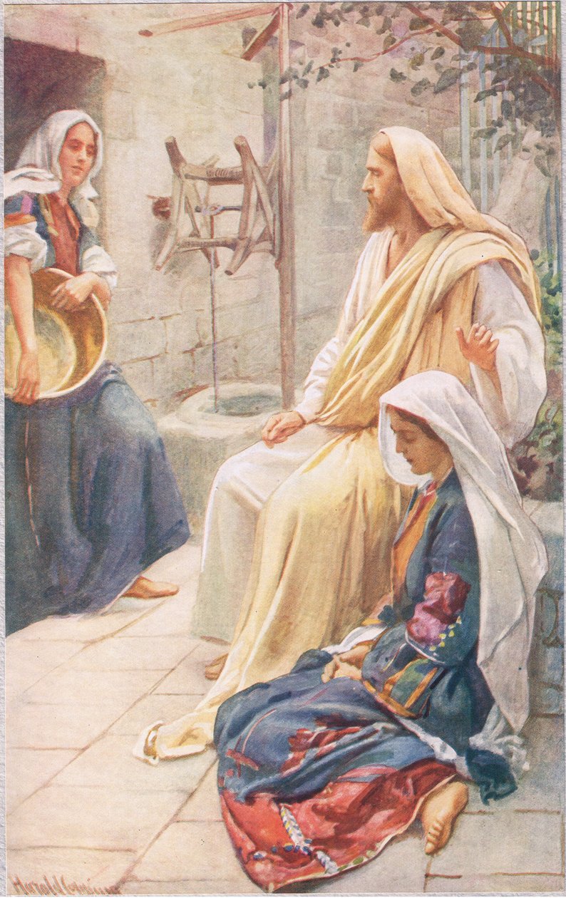 مارثا وماري ، رسم توضيحي من "نساء الكتاب المقدس" ، نشرته جمعية المسالك الدينية ، 1927 بواسطة هارولد كبينج