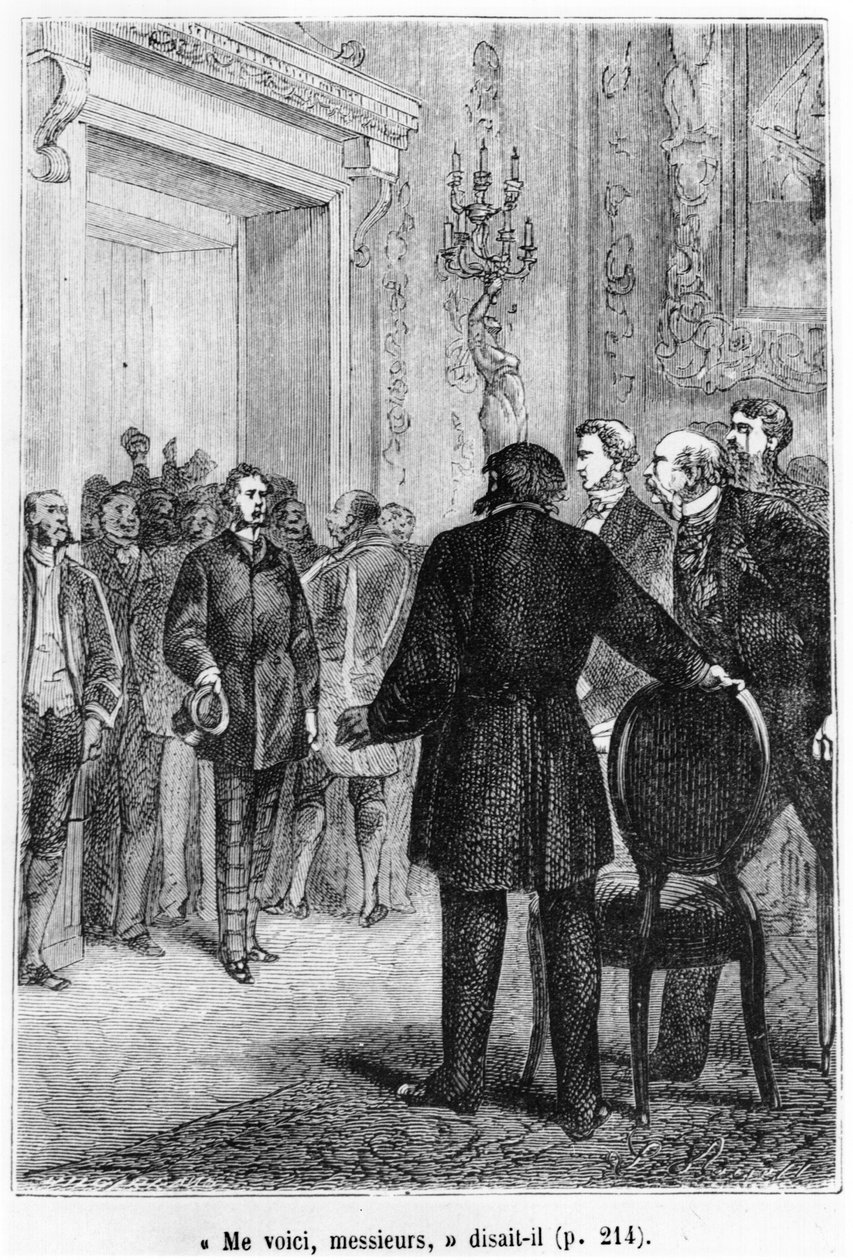 وصول Phileas Fogg ، رسم توضيحي من "حول العالم في ثمانين يومًا" لجول فيرن (1828-1905) الذي نقشه هنري ثيوفيل هيلديبراند (1824-1897) أواخر القرن التاسع عشر بواسطة هيبوليت ليون بينيت