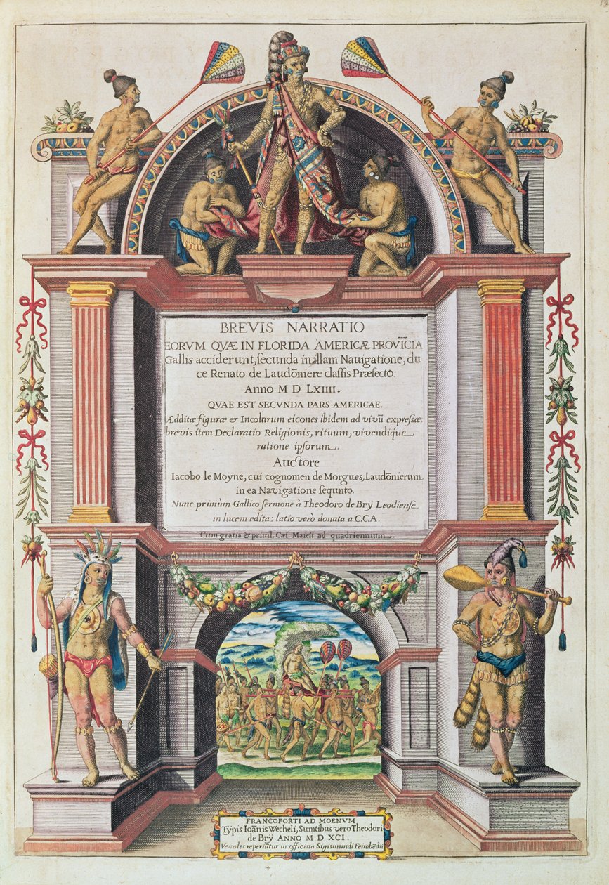 صورة لواجهة "Brevis Narratio .." ، منقوش بواسطة Theodore de Bry (1528-98) منشور في فرانكفورت ، 1591 بواسطة جاك لو موين