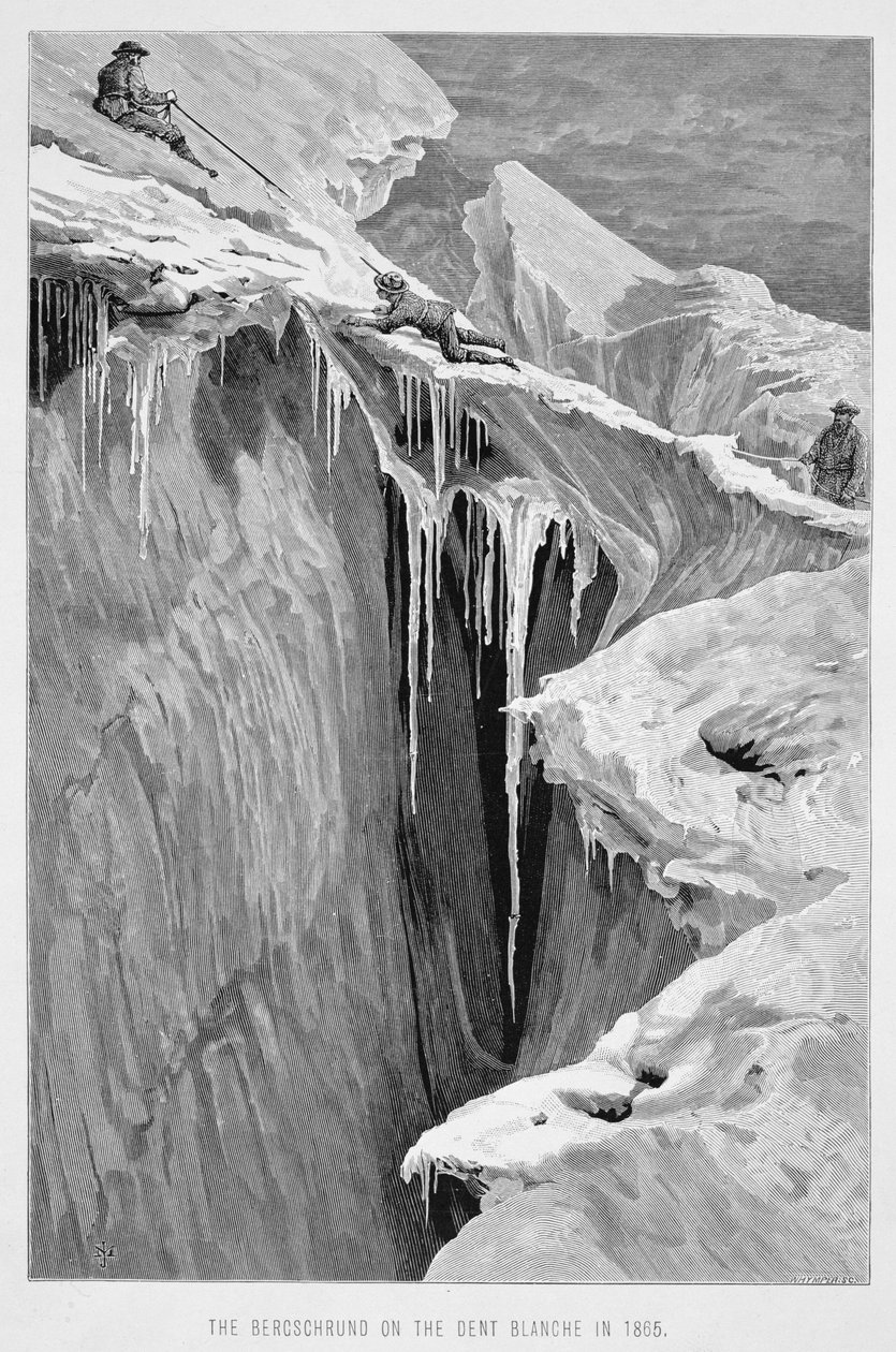 The Bergschrund on the Dent Blanche في عام 1865 ، من "صعود ماترهورن" منقوش بواسطة إدوارد ويمبر (1840-1911) ، تم نشره في 1860s-80s بواسطة جيمس ماهوني