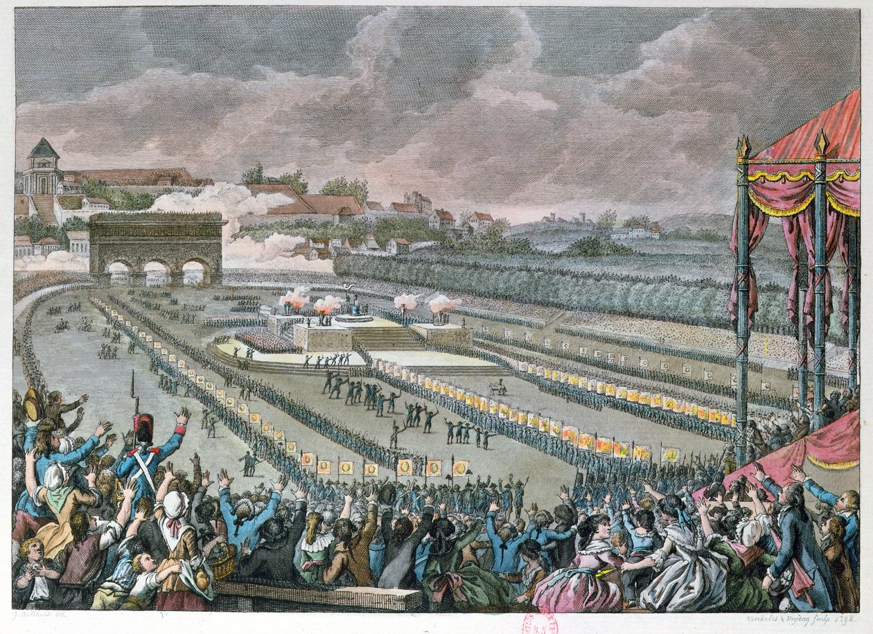 مهرجان الاتحاد ، 14 يوليو 1790 ، في Champ de Mars ، 1798 (نقش الألوان) بواسطة جان بولثويس