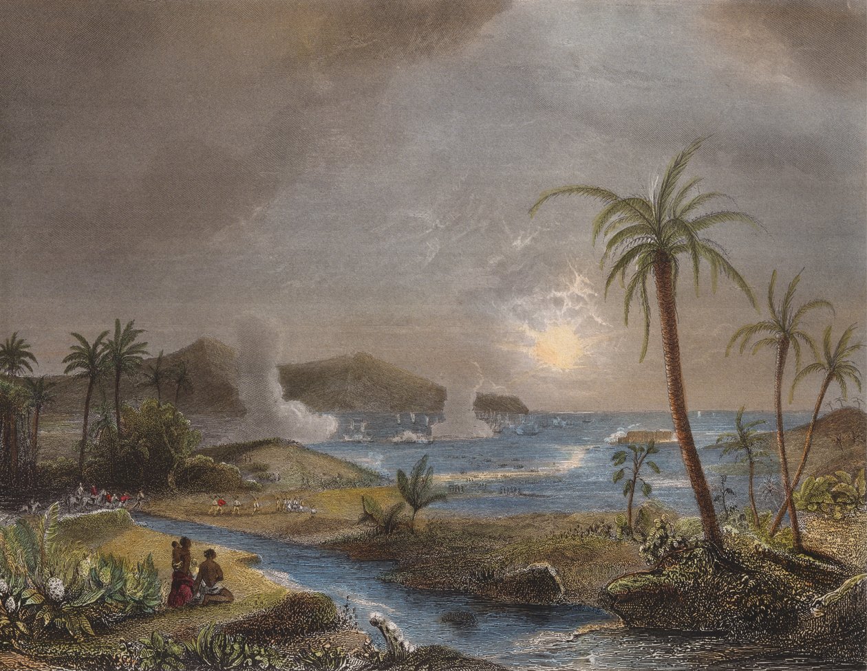 معركة مارتينيك في عام 1674 ، محفورة من قبل Chavane (نقش الألوان) بواسطة جان أنطوان ثيودور جودين