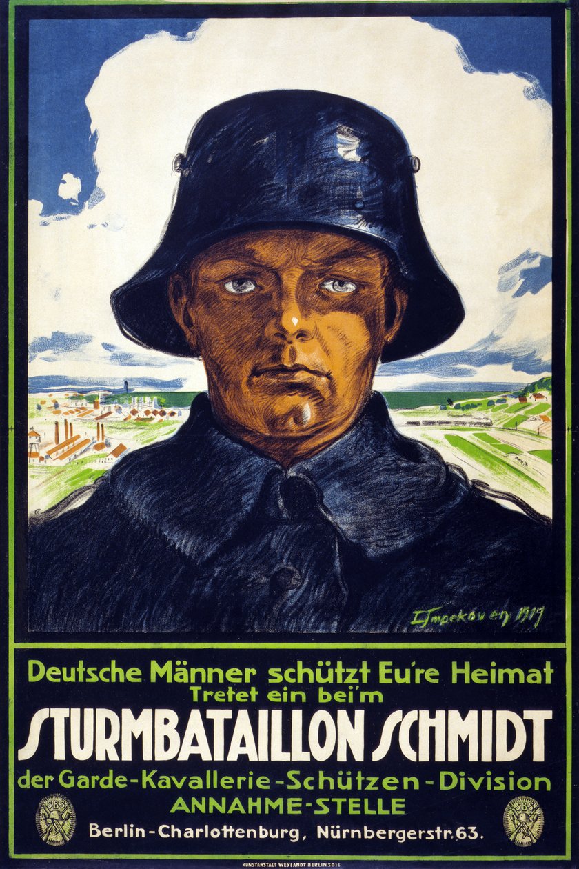 ملصق التوظيف الألماني Sturmbataillon Schmidt؛ الرجال الألمان يصبون منزلك! انضم إلى الحانة؟ 1919 بواسطة ليو إمبيكوفن