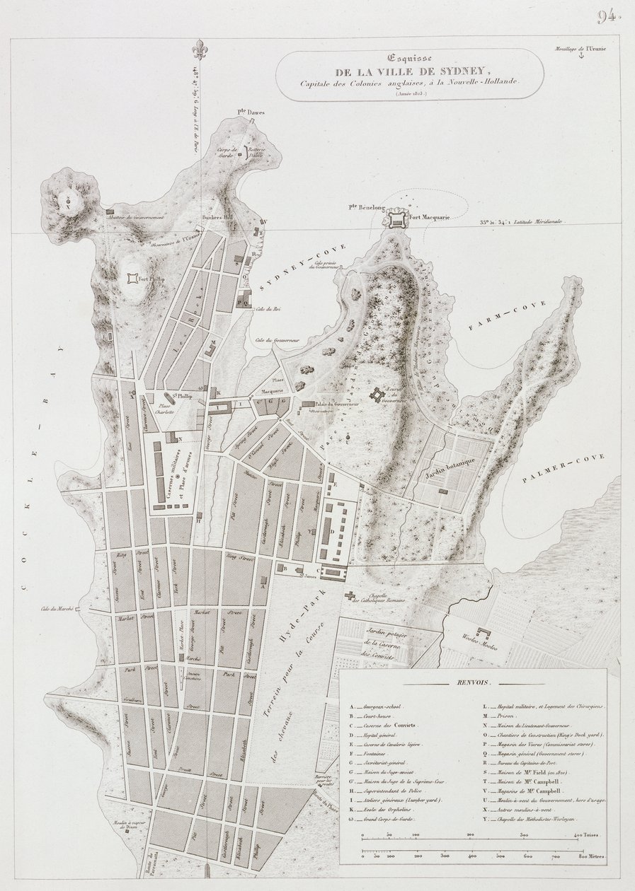 مخطط مدينة سيدني ، من Voyage Autour du Monde (1817-20) ، تم نشره 1822-24 بواسطة Louis Claude Desaulses de Freycinet