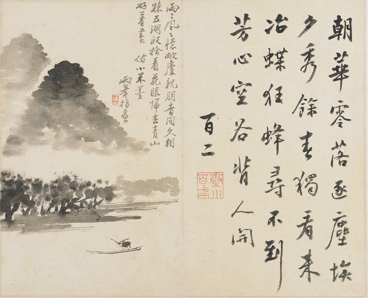 المناظر الطبيعية والزهور والطيور: ركوب الزوارق في جبل ، أسرة تشينغ ، 1780 (حبر على ورق) بواسطة لوه بينغ