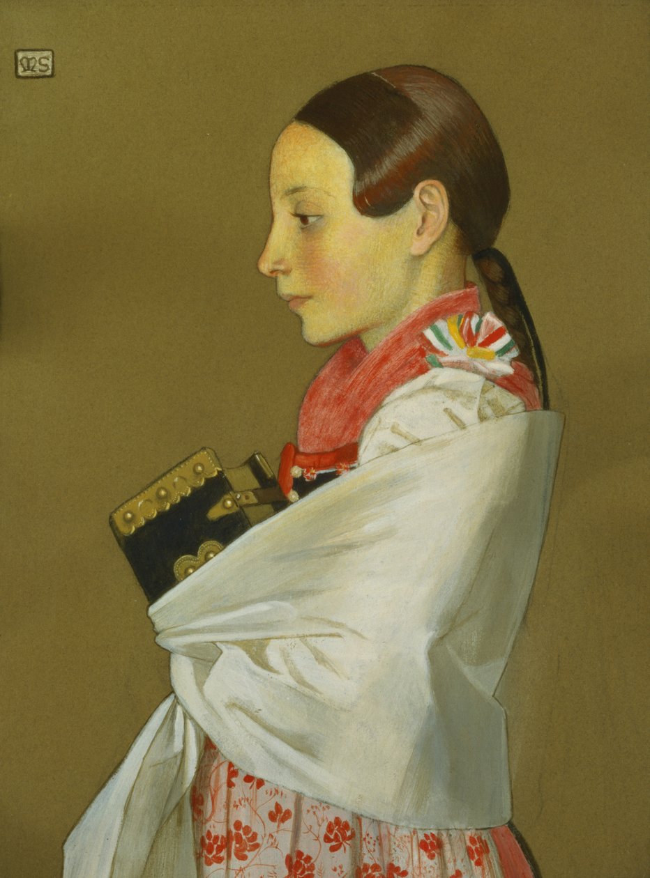 فتاة صغيرة من Menguszfalva تذهب إلى الكنيسة ، c.1905-07 (فحم وغواش على ورق) بواسطة ماريان ستوكس