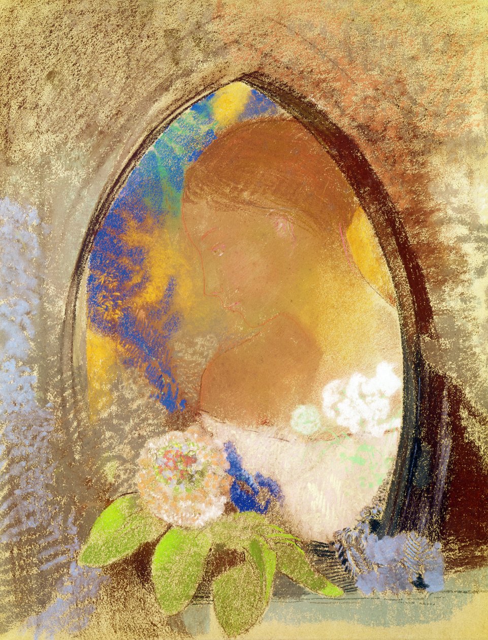 صورة مع زهور (باستيل على ورق) بواسطة Odilon Redon
