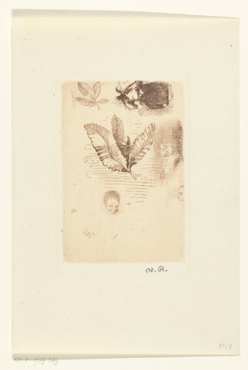 ورقة مع اسكتشات رسم إعدادي بواسطة Odilon Redon