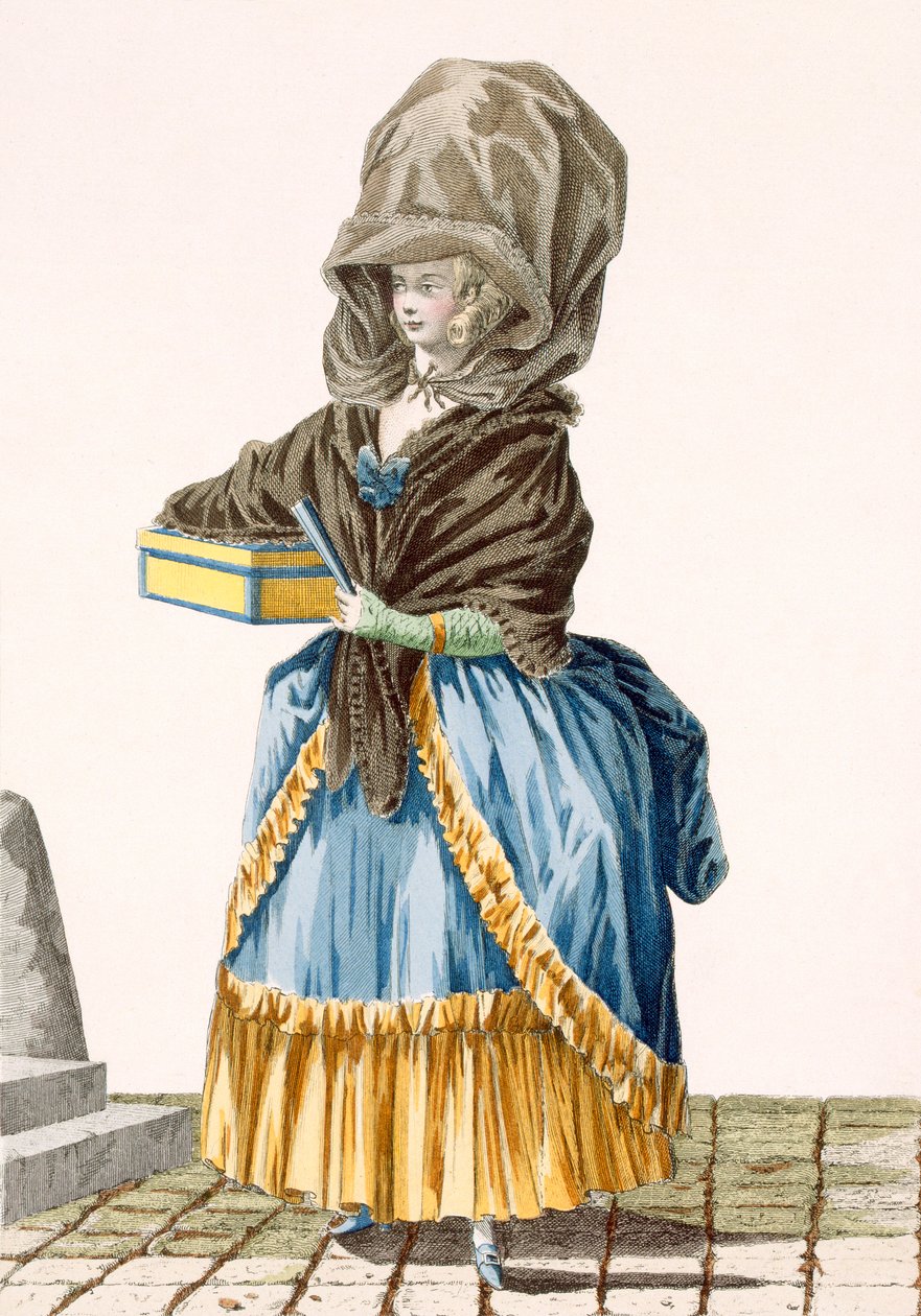 سيدة سوق تبيع بضاعتها ، محفورة بواسطة Dupin ، اللوحة رقم 5 من "Galeries des Modes et Costumes Francais" ، c.1778-87 99: ملابس ؛ لباس تقليدي لباس تقليدي؛ فاشي بواسطة بيير توماس لو كليرك