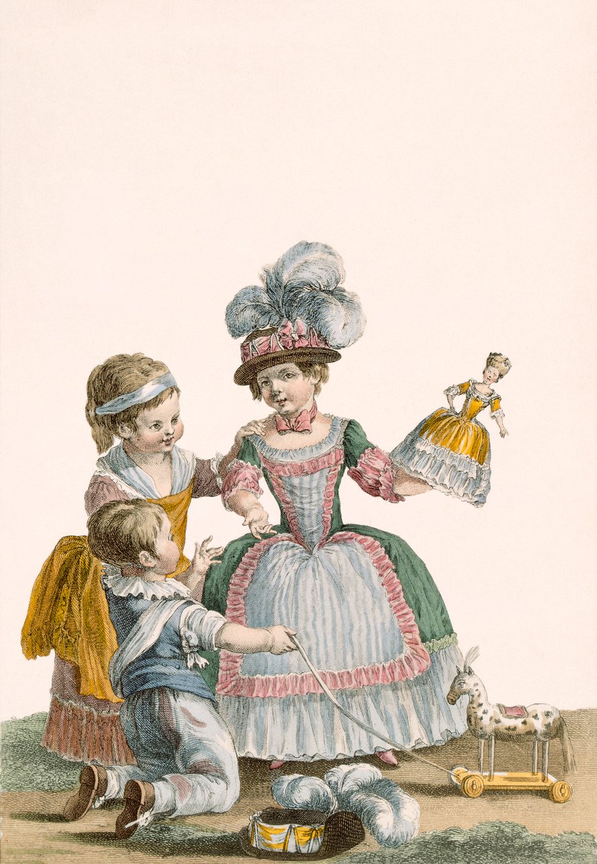 أطفال يلعبون ، نقشها باتاس ، لوحة من "Galeries des Modes et Costumes Francais" ، c.1778-87 99: ملابس ؛ لباس تقليدي لباس تقليدي؛ موضه؛ توضيح؛ ج 1 بواسطة بيير توماس لو كليرك