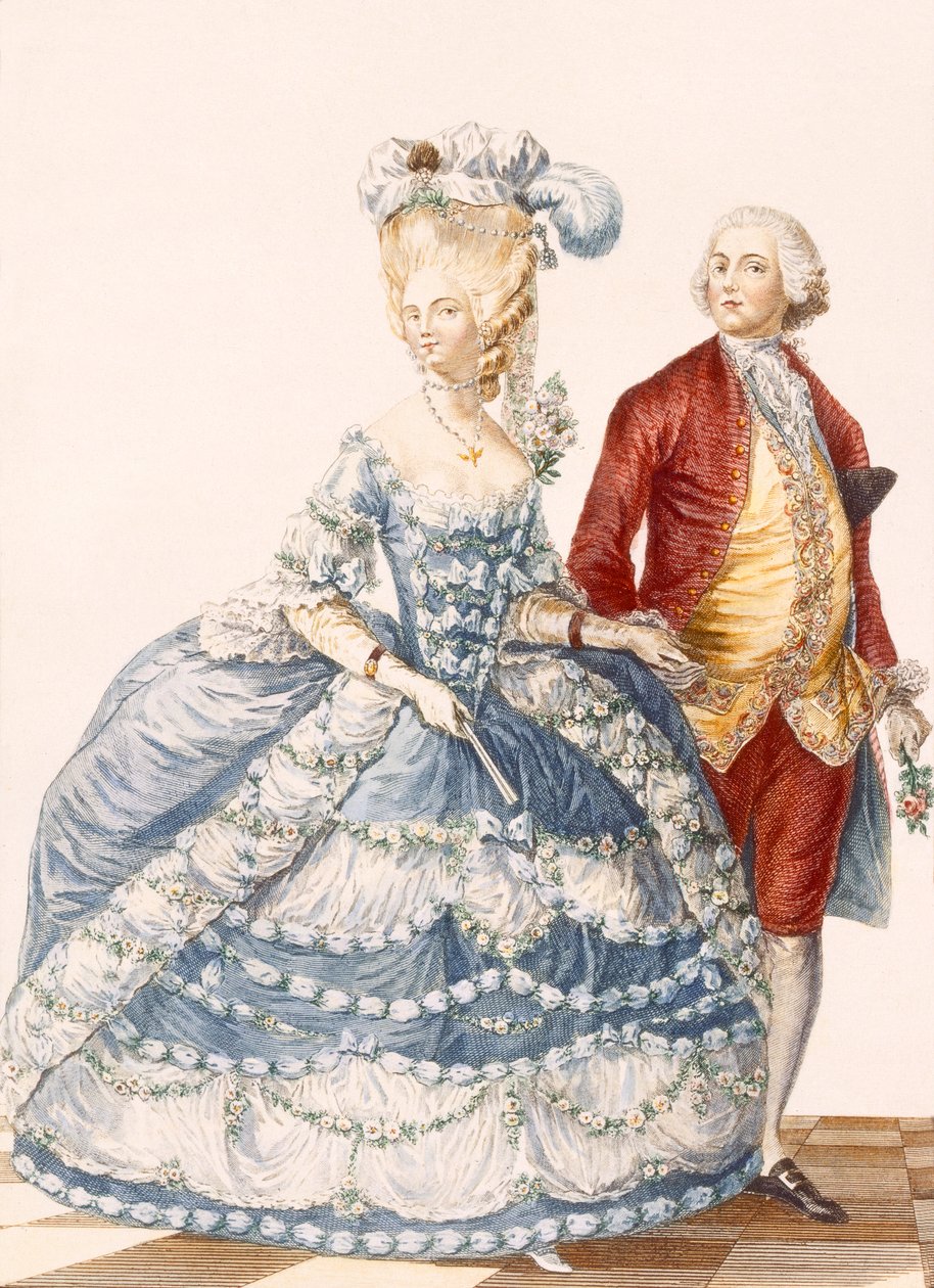 سيدة مع زوجها يحضر حفل المحكمة ، نقشته Dupin ، من "Galeries des Modes et Costumes Francais" ، c.1778-87 بواسطة بيير توماس لو كليرك