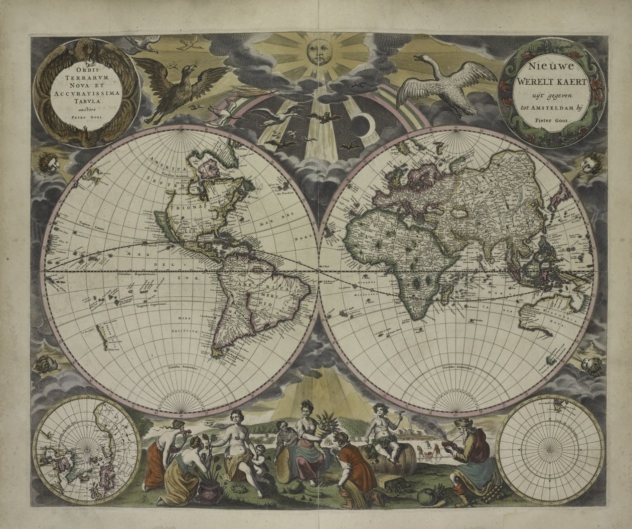 خريطة العالم المزدوجة لنصف الكرة الأرضية من Goos&39;s Sea Atlas of the Water World ، 1672 (نقش ملون باليد) بواسطة بيتر غوس