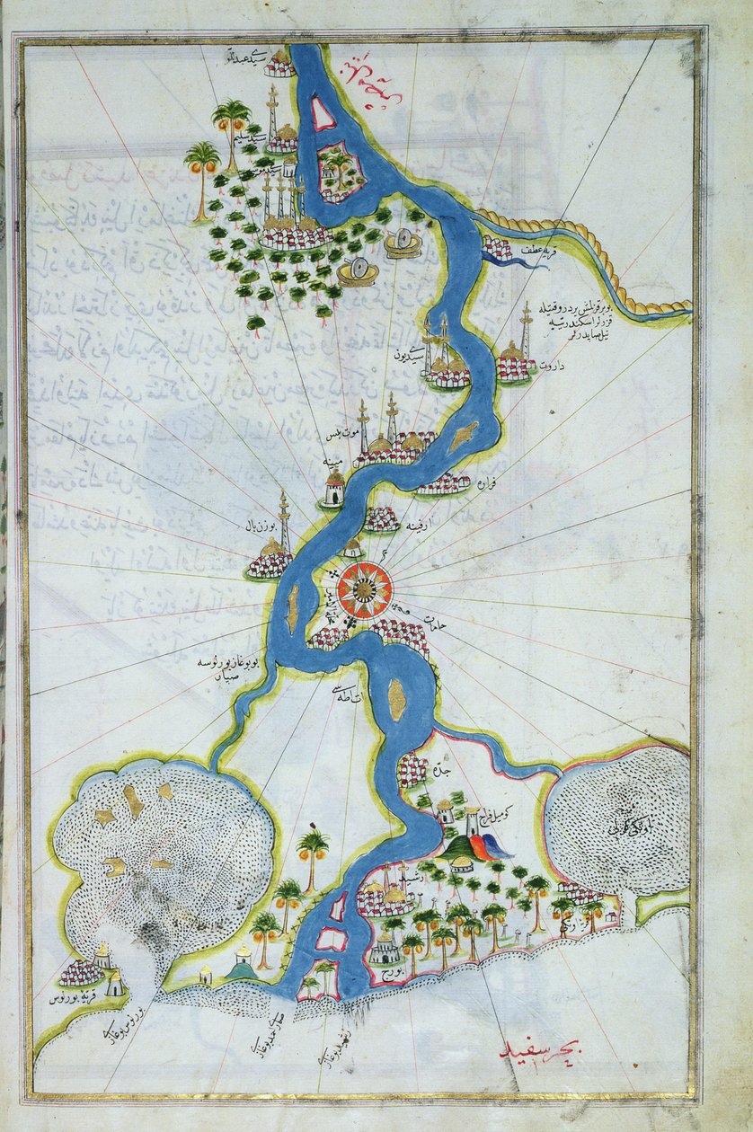 MS W.658 fol.304v خريطة النيل من Kitab-I Bahriye (درجة حرارة ، ذهب وحبر على ورق) بواسطة بيري ريس