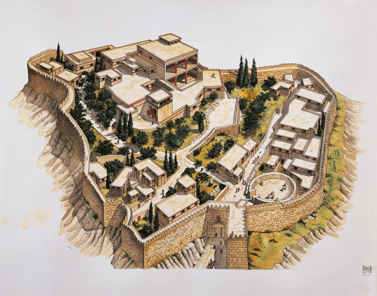 Reconstruction of ancient Mycenae (colour litho) بواسطة المدرسة الايطالية