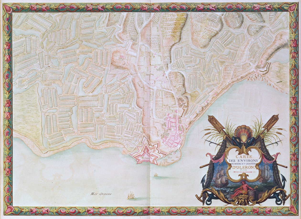 Ms. 988 T. III fol. 42 خريطة لضواحي مدينة وقلعة أوليرون ، من أطلس لويس الرابع عشر (قلم وحبر وغواش على ورق) بواسطة سيباستيان لو بريستري دي فوبان
