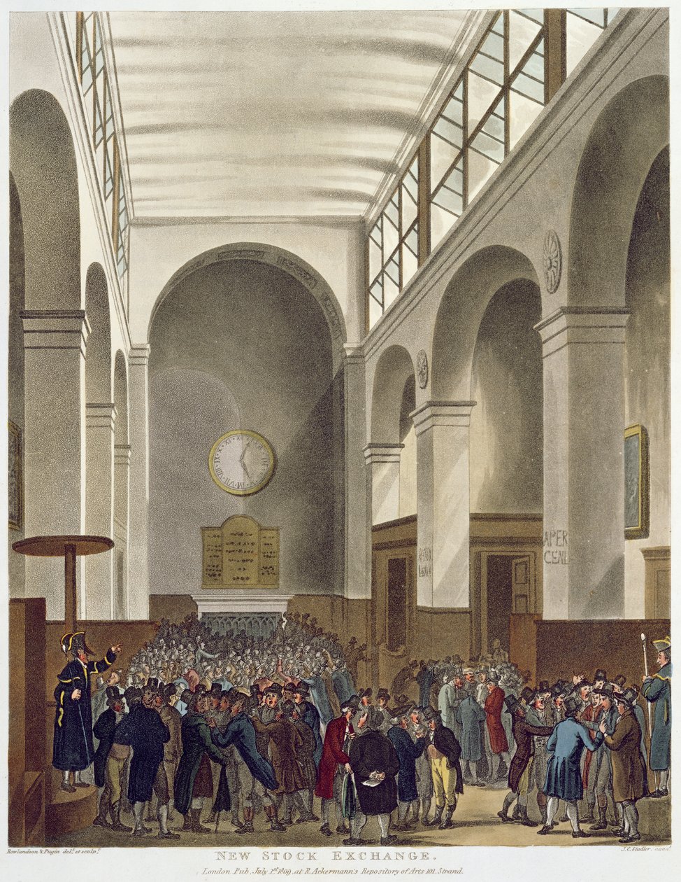 The New Stock Exchange ، Bartholomew Lane ، من فيلم Macrocosm of London ، نشر عام 1809 (ألوان مائية) بواسطة بوجين ورولاندسون