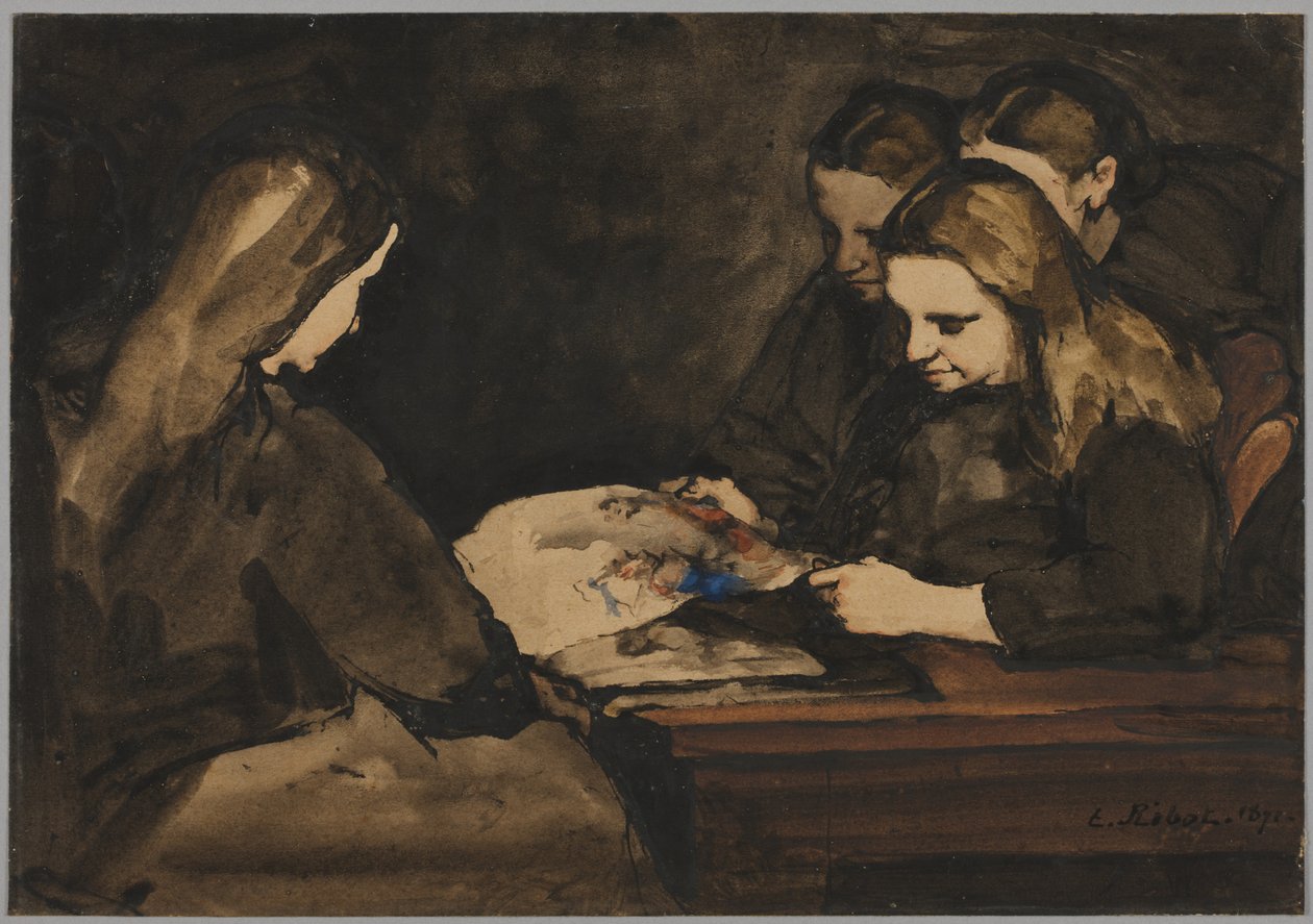 أربع فتيات يدرسن رسم بواسطة Theodule ريبوت