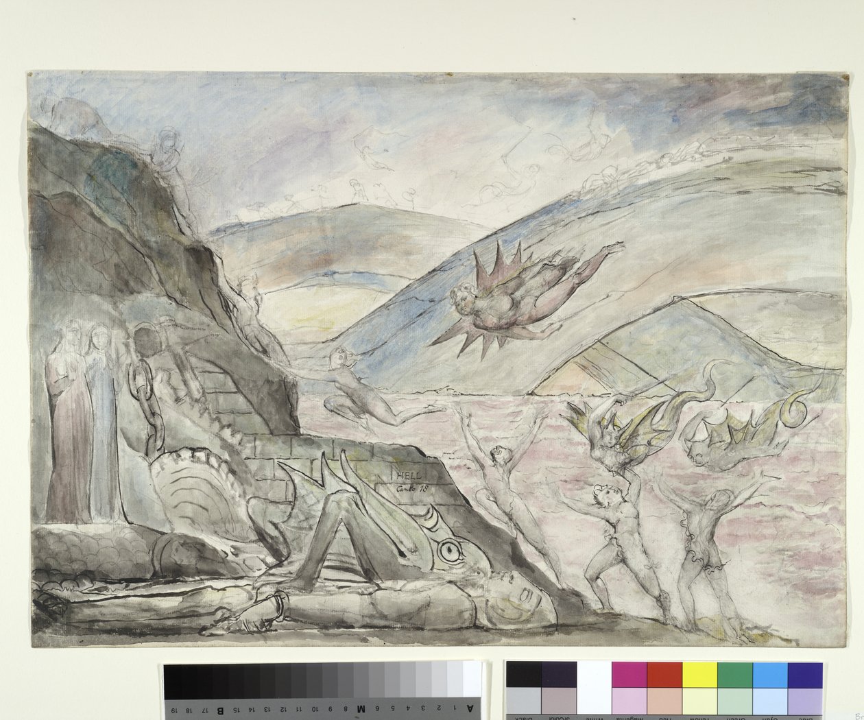 الشياطين تعذب مغوي Malebolge ، توضيح للكوميديا الإلهية بواسطة دانتي أليغييري ، 1824-27 (قلم وحبر مع مرحاض فوق قلم رصاص وطباشير على ورق) بواسطة وليام بليك
