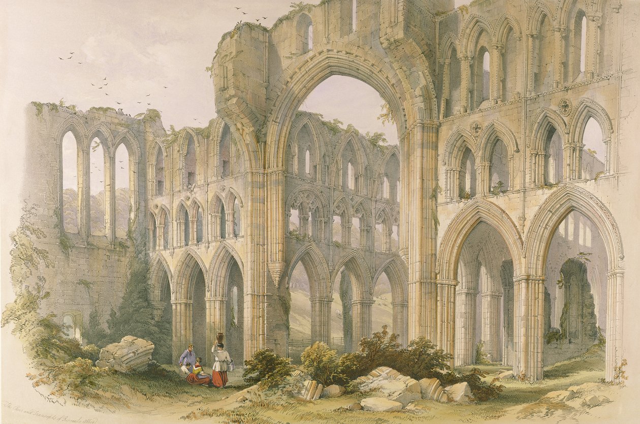 دير Rievaulx ، ال Transept والجوقة ، من "الآثار الرهبانية في يوركشاير" ، نقشها جورج هوكينز (1819-52) ، 1843 بواسطة وليام ريتشاردسون
