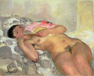 امرأة عارية مع مروحة