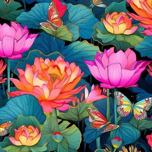 نمط سلس من زهور اللوتس والفراشات 3